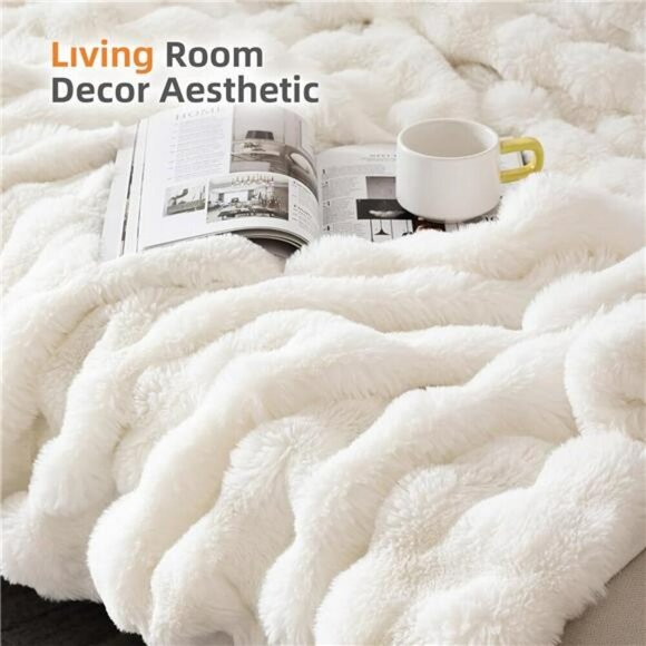 Faux Fur Throw Blanket Cream White Fluffy Soft Fleece Couch Bed Decor 50x60 - Picture 6 of 7